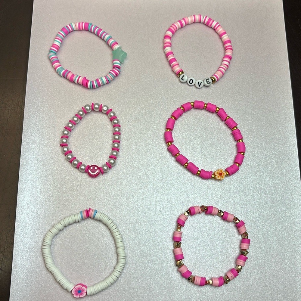 6 pack HANDMADE Pink and blue/teal bracelets clay bead smiley face